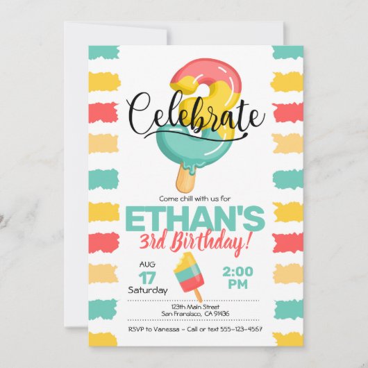 Été 3ème anniversaire Invitation avec Popsicle (Devant)
