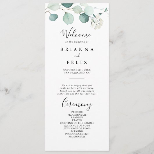 Été Green Eucalyptus Foliage Programme de mariage (Devant)