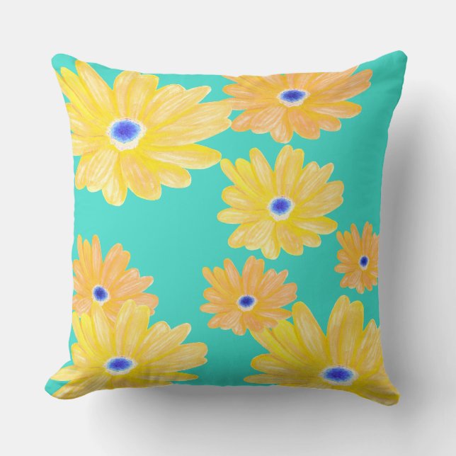 Été Turquoise Jaune Floral Jaune Oreiller (Recto)