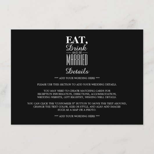 Eten, Drinken en getrouwd zijn Trouwdetail Informatiekaartje (Voorkant)