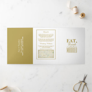 Eten, Drinken & trouwen White & Gold Wedding Suite Drieluik Uitnodiging