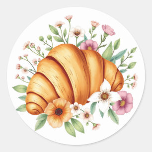 Eten en Natuur Art Croissant met Bloemen Ronde Sticker