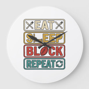 Eten Slapen Blokkeren Herhalen Voetbal Vintage T-s Grote Klok