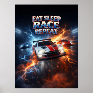 Eten Slapen Racen Retro Poster