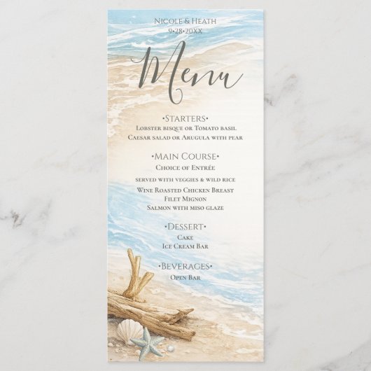 Eterntal Tides Coastal Watercolor Beach Wedding Menu (Voorkant)