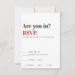 Êtes-Vous Dans ? Carte de réponse Mariage Vegas<br><div class="desc">La typographie moderne Vegas vibes La carte de réponse à la simple invitation qui fait savoir à vos invités ce à quoi s'attendre : Mariage, Fête, Vegas. Qui NE VOUDRAIT PAS y être ? ! La palette de couleurs de base du noir, du blanc et du rouge rend hommage à...</div>