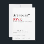 Êtes-Vous Dans ? Carte de réponse Mariage Vegas<br><div class="desc">La typographie moderne Vegas vibes La carte de réponse à la simple invitation qui fait savoir à vos invités ce à quoi s'attendre : Mariage, Fête, Vegas. Qui NE VOUDRAIT PAS y être ? ! La palette de couleurs de base du noir, du blanc et du rouge rend hommage à...</div>