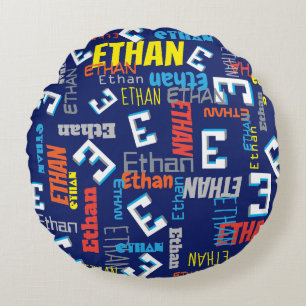 Ethan custom name pixel E gaming blue graphic Rond Kussen