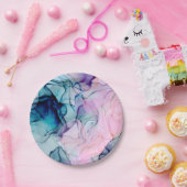 Etheral Blauwgroen & Roze Inky Glamor Birthday Par Papieren Bordje (Feest)