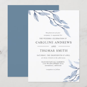 Etheral Blue Elegant Botanical Leaves bruiloft Kaart