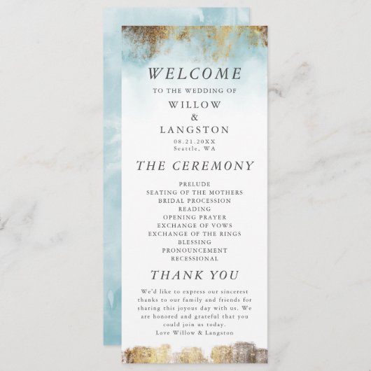 Etheral Blue Waterverf en Gold Wedding Ceremonie Programma (Voorkant / Achterkant)