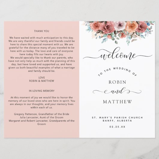 Etheral Blush Peach, Floral Wedding Programme (Voorkant)