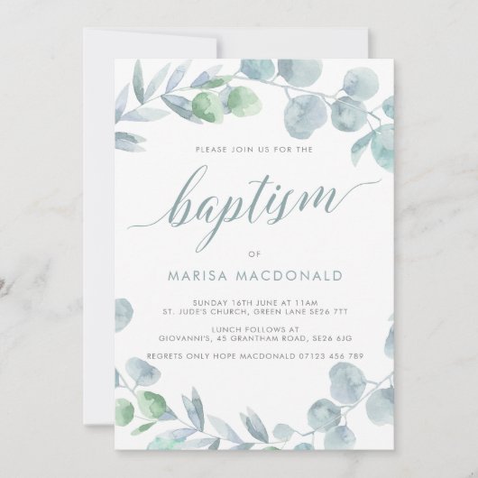 Etheral Eucalyptus Dusty Blue Baptisme Kaart (Voorkant)