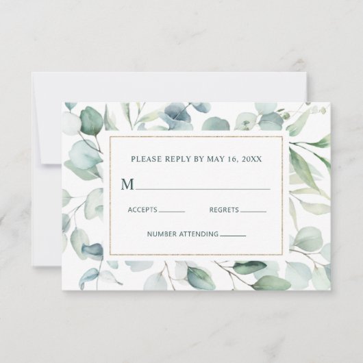 Etheral Eucalyptus Gold Greenery Wedding RSVP Kaartje (Voorkant)