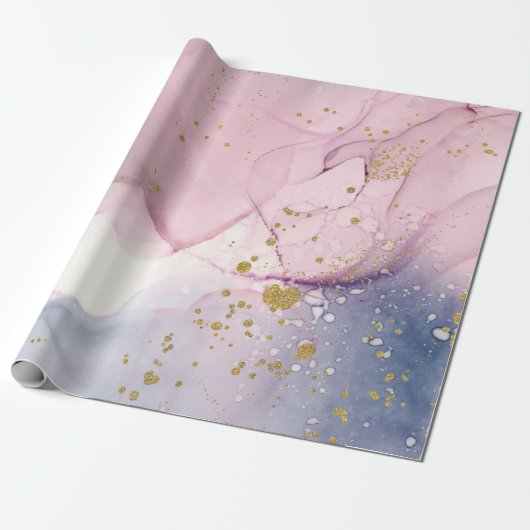Etheral Periwinkle Pink & Gold Inky Fantasy Party Cadeaupapier (Uitgerold)