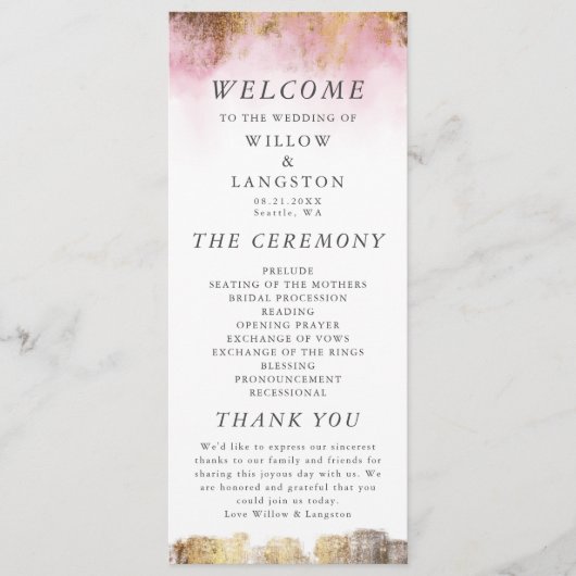 Etheral Pink-Waterverf en Gold Wedding-ceremonie Programma (Voorkant)