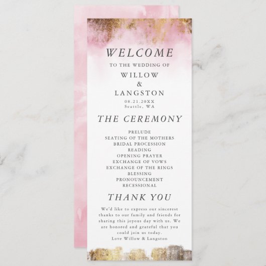 Etheral Pink-Waterverf en Gold Wedding-ceremonie Programma (Voorkant / Achterkant)