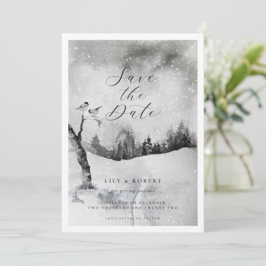 Etheral Snowy Forest Winter Wedding Save The Date (Staand voorkant)
