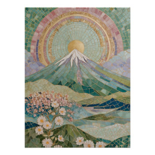 Ethereal Bloom: Pastel Mozaïek Vulkaan in Lente Perfect Poster