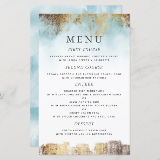 Ethereal Blue Watercolor Gold Mariage Diner Menu (Devant / Derrière)
