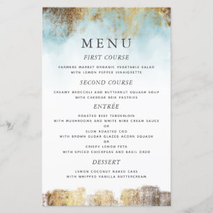 Ethereal Blue Watercolor Gold Mariage Diner Menu