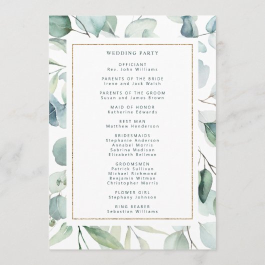 Ethereal Eucalyptus Gold Programme de mariage vert (Dos)