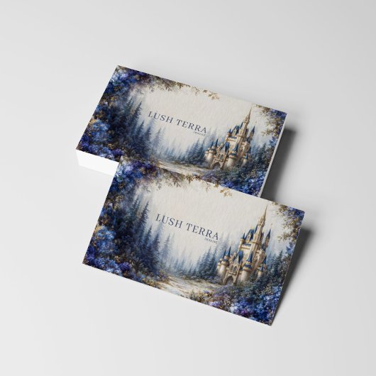 Ethereal Fairytale Castle Blue Floral Misty Forest Visitekaartje