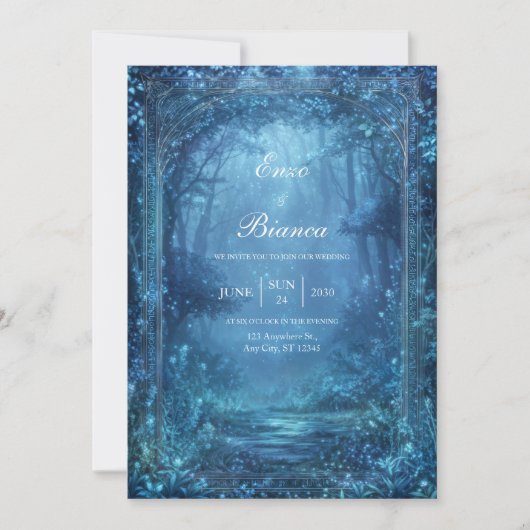 Ethereal Glowing Blue Magic Forest Wedding Kaart (Voorkant)
