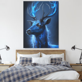 Ethereal Neon Stag | Mystic Blue Fantasy Deer Canv Canvas Afdruk