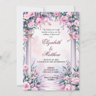Ethereal Pink Rose Column Wedding Invitation Kaart
