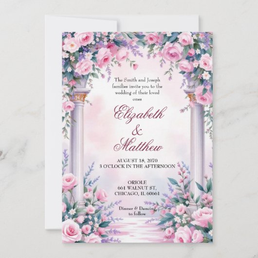 Ethereal Pink Rose Column Wedding Invitation Kaart (Voorkant)