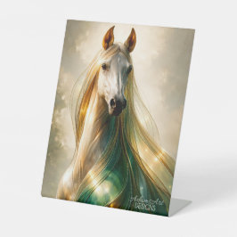 Ethereale Gouden Manen Paard – Lichtgevende Fantas Reclamebord Met Voetstuk