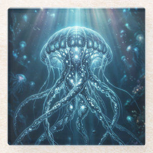 Etherele kwallen gaming muismat met bioluminescent glazen onderzetter