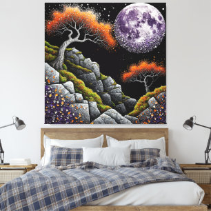 Etherele nachttaferelen met maan, bomen canvas afdruk