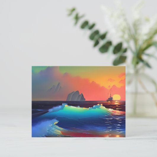 Etherele Teal-golven, schip en roze zonsondergang Briefkaart (Staand voorkant)