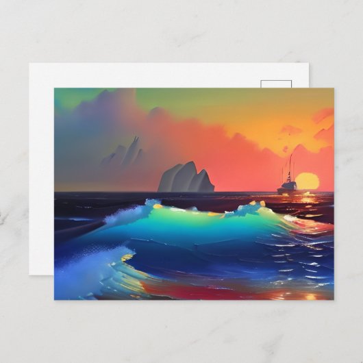 Etherele Teal-golven, schip en roze zonsondergang Briefkaart (Voorkant / Achterkant)