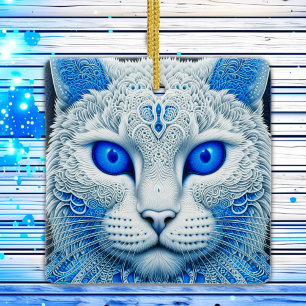Etherele Witte Kat met Blauwe Ogen Kerstmis Keramisch Ornament