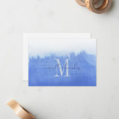 Etherisch blauw Waterverf monogram Notitiekaartje (Voorkant / Achterkant in situ)
