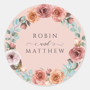 Etherisch Roos Goud, Blush Peach Bloemenbruiloft Ronde Sticker