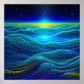 Etherische Blauwe Golven en Oceaanzonsondergang Poster (Voorkant)