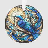 Etherische blauwe vogel neergestreken op raam ornament (voorkant)