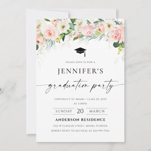 Etherische Blush Pink Roses Afstuderen Invitation Kaart (Voorkant)