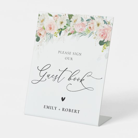 Etherische Blush Roze Rozen Gastenboek teken Reclamebord Met Voetstuk (Voorkant)