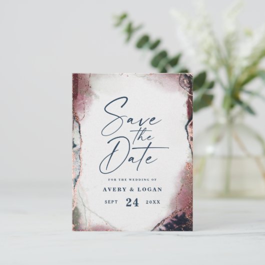 Etherische Bourgogne & Navy Bruiloft Save The Date Aankondigingskaart (Staand voorkant)