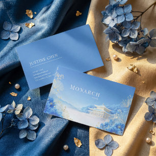 Etherische Chinoiserie Blauwe Bloem Pagode Landsch Visitekaartje