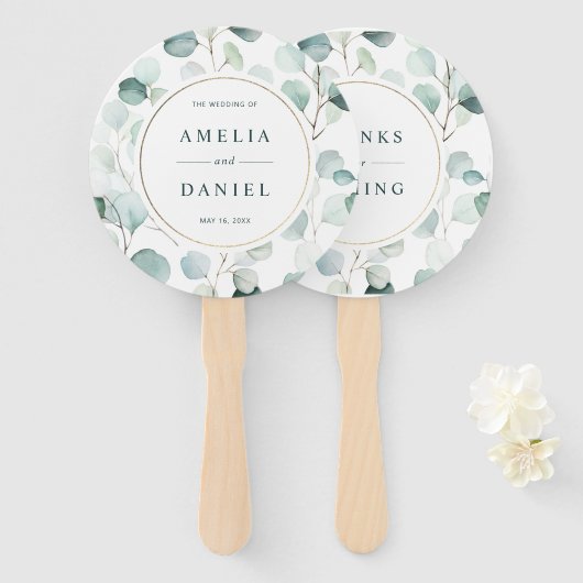 Etherische Eucalyptus Goud Lijst Groen Bruiloft Handwaaier (Voorkant en achterkant)