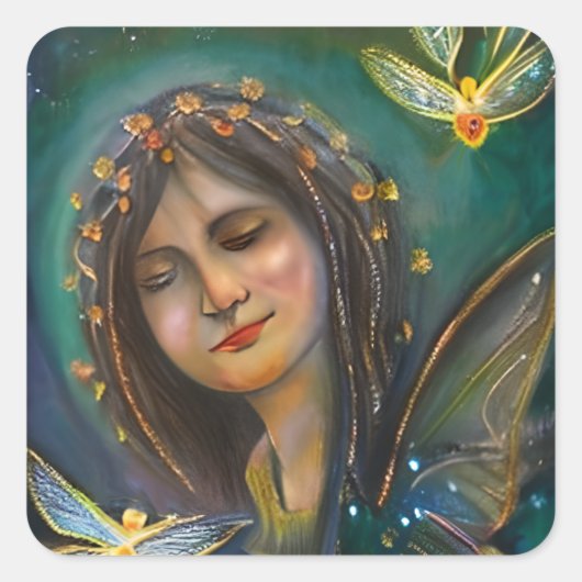 Etherische Fairy Meisje en Gouden Vlinder Vierkante Sticker (Voorkant)