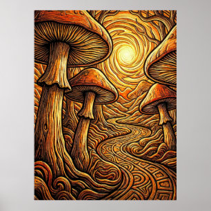 Etherische Glanzende Gouden Paddenstoel Donker Bos Poster
