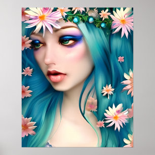 Etherische kunst   Mooie fee met blauw haar Poster
