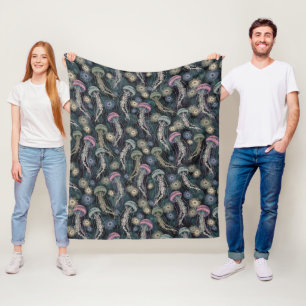 Etherische kwallen en anemonen in Blauwgroen en ro Fleece Deken